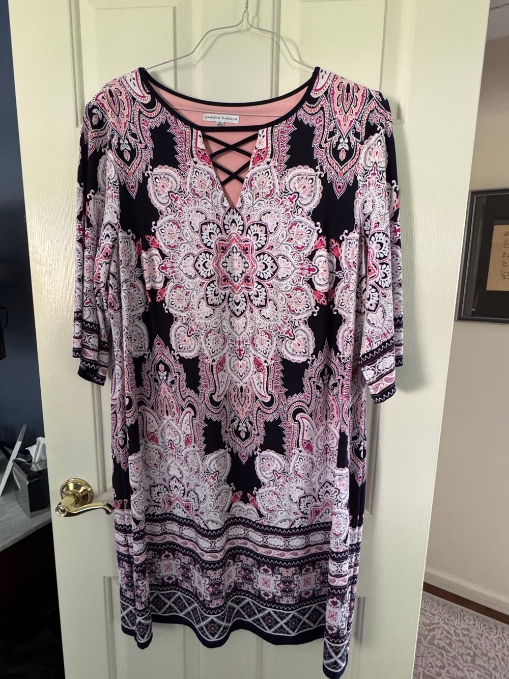 Sandra Darren Pink and Black Paisley-Print Top with Lattice Detail - Picture 1 of 3